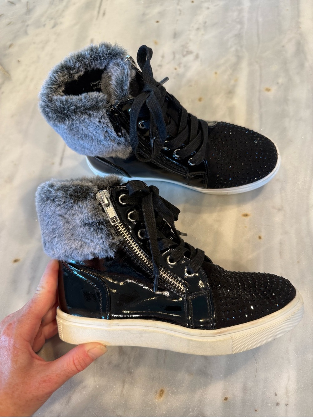 Dolce Vita Black Patent High-Top Sneakers with Gray Faux Fur and Crystal Accents